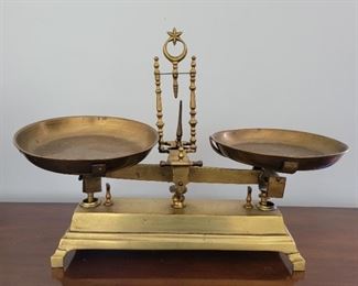Brass balance scale - 19" tall x 24" wide x 10" deep
