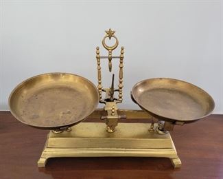 Brass balance scale - 19" tall x 24" wide x 10" deep