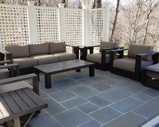Complete set of patio furniture...see photos for dimensions. All covered with Sunbrella fabric. 4 chairs, one sofa, 3 end tables, one coffee table, one ottoman and 2 chaise lounges.