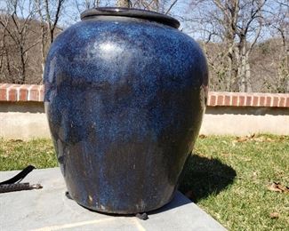 Oversize blue glazed pottery planters - 29" high x 23" diameter