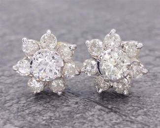 Impressive 2.00 Carat Diamond Flower Cluster Estate Earrings with Custom Backs in 14k Yellow Gold; $5,100 Retail