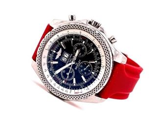 Previously owned, Breitling Bentley Motors 6.75 Chronograph Watch, Automatic, 48mm Black Dial, Stainless Steel w/ Boxes , A44362
100% Authentic - Working order.
This distinctive model with its crisscrossed embossed bezel is deserved of its affiliation with the Bentley big name. In working order, 1 owner that rarely wore. The watch comes with the original outer box, inner box, EXTRA LINKS, Breitling Cloth. Bonus accessories included.