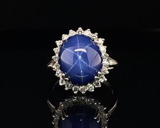 Brilliant Blue Star Sapphire and Diamond Estate Ring in 14k White Gold.