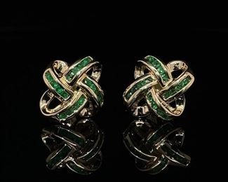 Fancy .85 Carat Natural Emerald Knot Styled Estate Earrings in 14k Yellow Gold.