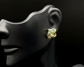 Fancy .85 Carat Natural Emerald Knot Styled Estate Earrings in 14k Yellow Gold.