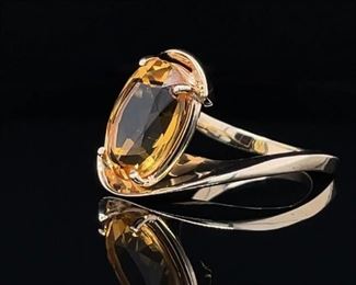 ~5 ctw. VVS Golden Citrine is creatively set in this large flowing and fancy Euro Shank style ring. Lots of heavy gold to go around the wonderfully clear VVS Citrine ring. Capture it.