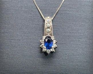Desirable Royal Blue natural Sapphire and Diamond estate pendant in 14k white gold. Chain not included.