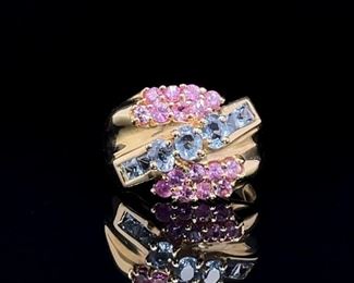 Think Spring! Blue and Pink Topaz Estate Ring in 14k Yellow Gold.