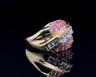 Think Spring! Blue and Pink Topaz Estate Ring in 14k Yellow Gold.