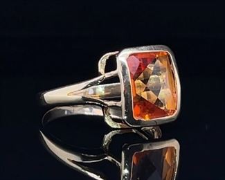 Fancy Checkerboard Cut Natural Amber Colored Topaz Estate Ring in 14k White Gold.