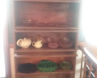 barrister bookcase and depression glass, Russell Wright teapot