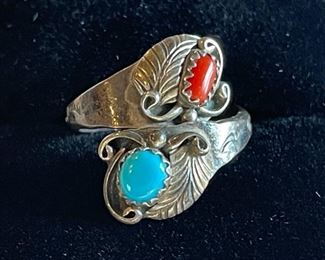HALF OFF! $45.00 NOW, WAS $90.00.................Vintage Turquoise and Coral Sterling Ring Size 8 1/2 (C212)