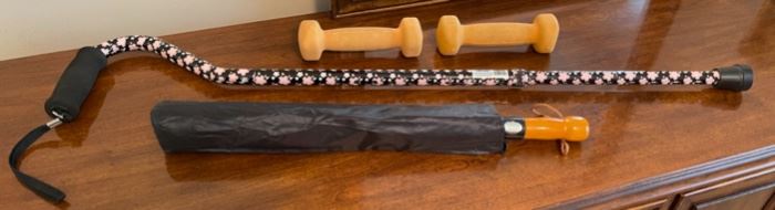 HALF OFF! $6.00 NOW, WAS $12.00......................3 lbs weights, umbrella and cane (C177)