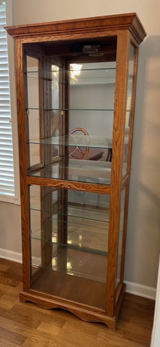 HALF OFF! $22.50 NOW, WAS $45.00......................Oak Curio Cabinet ***Missing Glass in Front top half, 25 1/2" x 14", 70" tall (C151)F