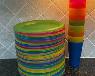 REDUCED! $18.75 NOW, WAS $25.00...........................34 Plastic plates and 9 cups, do show some wear (C031)