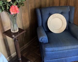 Another plant stand; blue upholstered chair