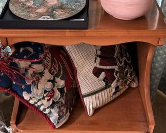 Christmas pillows; maple nightstand