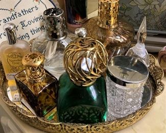 Perfume bottles; mirrored vanity tray
