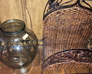 Large jar; metal and rattan magazine/ log holder