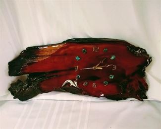 Burl wood vintage clock with turquoise design numbers.