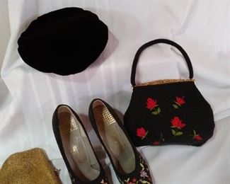 Vintage hat, beaded shoes and beaded purses. 