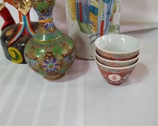 Asian cloisonne, vase and rice bowls.