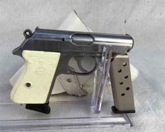 Serial - 356042K
Mfg - WW2 German Walther
Model - PPK w/ Holster
Caliber - 32 ACP
Barrel - 3.3"
Capacity - 7+1
Magazines - 2
Type - Pistol
Located in Chattanooga, TN
Condition - 3 - Light Wear
This is a WW2 manufactured German Walther PPK, stainless in color, retaining all of the original German Waffenamt markings. This pistol comes with 2 loaded magazines and a white leather holster.