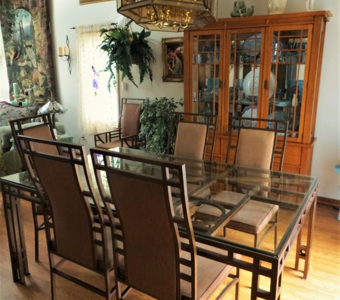 9 piece set - Robert Sonneman's Urban Primitive . 
 A Golden oak wood dining hutch, mirrored with glass shelves and bottom cabinet with a gorgeous geometric bronzed metal with a  glass table top.  Sold as set only.  Heavy, bring lots of help!  