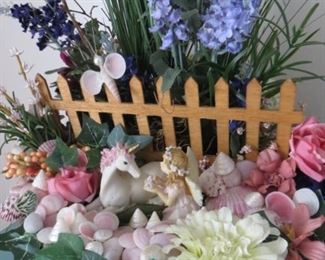 Unicorn & Fairy flower garden centerpiece with seashells, seashell butterfly on fence