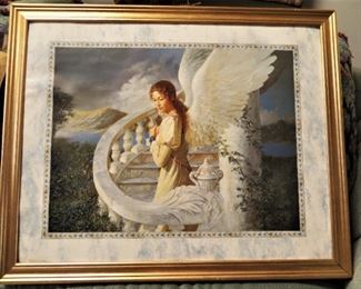 Angel print under glass in gold frame - large size