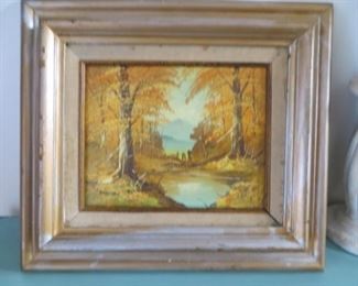Framed golden fall trees & lake - oil painting, framed