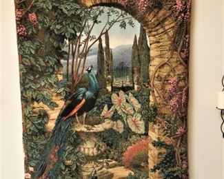 Large Peacock & wisteria garden tapestry with hanging rod