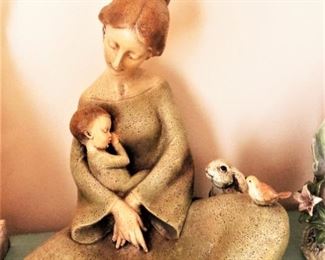 Mother and child bowl statue with bunny and bird