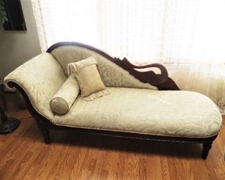 Carved wood swan fainting couch with roll pillow - off white color