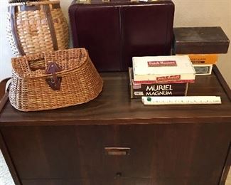 Fishing creels (one of them LL Bean), File cabinet, cigar boxes