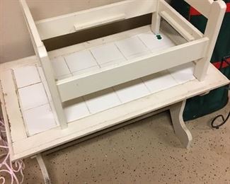 Small white table, doll cradle