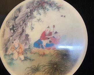 Screen printed(?) plate with traditional Japanese folk  scene