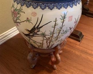 Japanese satsuma planter with wooden stand