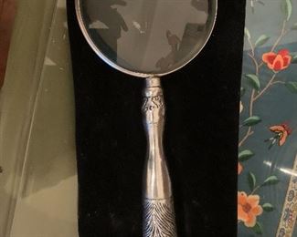 Magnifying glass with pewter(?) carved lion handle
