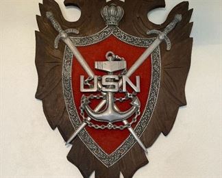 Carved wood U.S. Navy emblem shield wall hanging