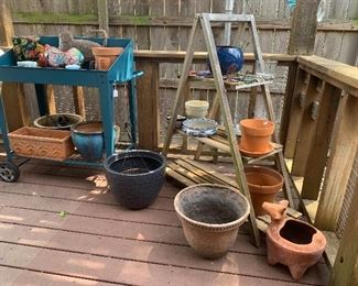 Patio planters, stand and potting cart