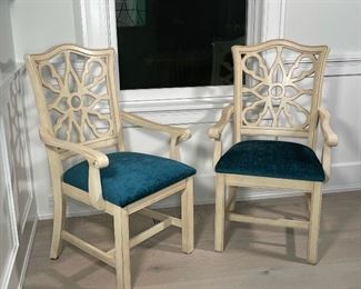 PAIR ARHAUS PAINTED ARMCHAIRS | Openwork backs with velvet seats amazing style!; 40-1/2 x 24 x 25 in. 