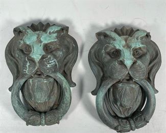 PAIR CHASED BRONZE LION'S HEAD DOOR KNOCKERS | impressive size, heavy substantial castings; 10 x 8 in. 