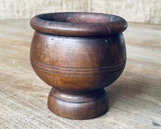 EARLY TURNED WOODEN MORTAR | turned, and decorated with concentric score lines, heavy rounded rim; h. 4-1/2 x dia. 4-1/2 in. 