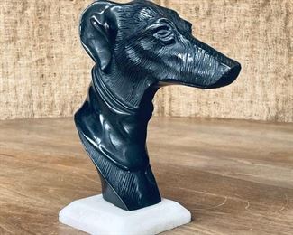 BRONZE GREYHOUND STATUE | the greyhound with ears back, mounted on a marble plinth, no apprent signature; h. 7-1/2 x 7 x 3-1/4 in. 