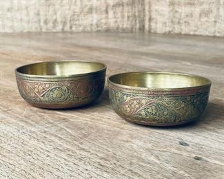 PAIR INDIAN CHAMPLEVE BOWLS | engraved with scrollwork and red and black enameling; h.1-1/2 x dia. 3-3/4 in. 