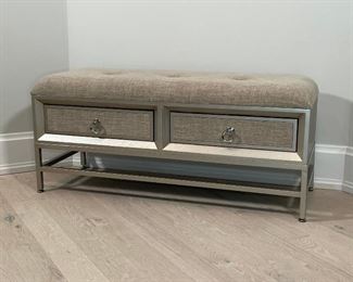 SILVERED LOW BENCH | having a tufted upholstered top and two drawers; silver painted; h. 20 x 44 x 16 in. 