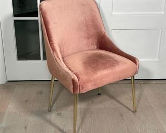 ANTHROPOLOGIE PINK VELVET CHAIR | pink velvet with brass hardware and legs, great condition; h. 34 x 24 x 35 in. 