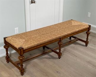 RATTAN / RUSH SEAT BENCH | beautiful with bulbous turnings; excellent condition; h. 19 x 64 x 20 in. 