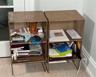 PAIR GOLD PAINTED WIREWORK SHELVES | perfect for bedside tables, office storage, h. 24 x 14 x 11-1/2 in. 